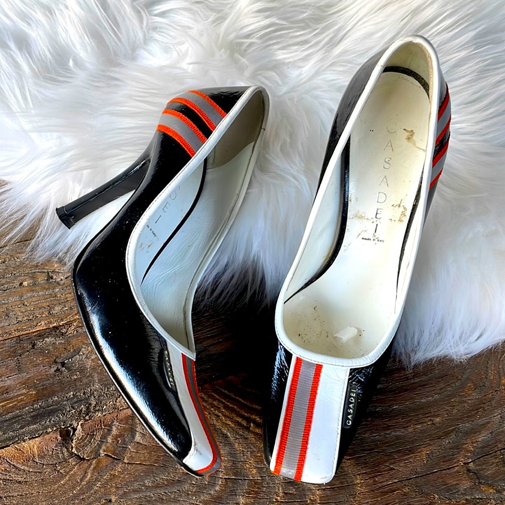 Casadei racer stripe‎ square toed heels size 6